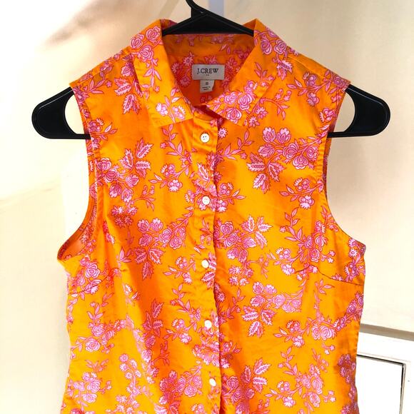 J. Crew Factory EUC Women's Orange Floral Button Down Sleeveless Blouse S - Picture 2 of 8